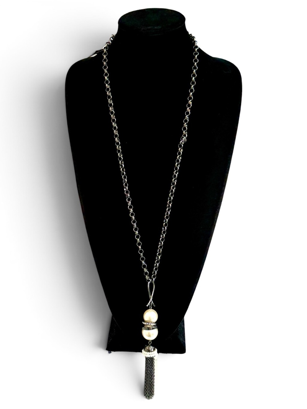 Chico’s Pearl Crystal Chain Tassel Long Necklace NWT
